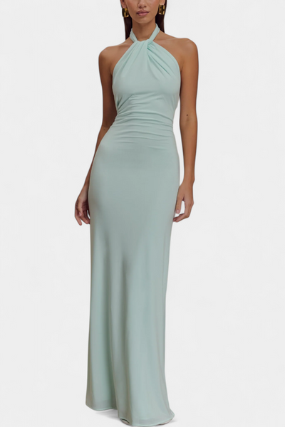 Trinity Vestido Halter Ajustado con Detalles Fruncidos y Espalda Abierta