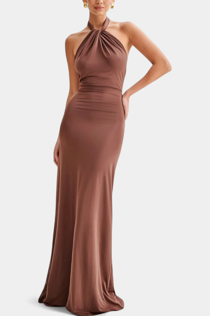 Trinity Vestido Halter Ajustado con Detalles Fruncidos y Espalda Abierta