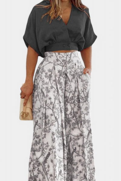 Olivia Conjunto Boho con Cuello en V y Pantalones de Pierna Ancha