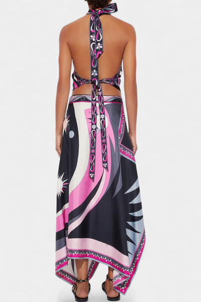 Ciana Conjunto de Satén con Falda Abstracta y Top Halter