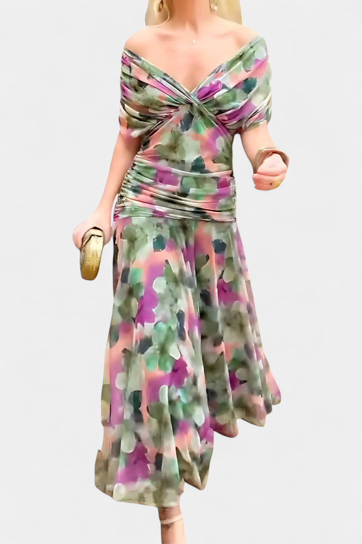 Vestido Largo Alondra con Estampado Floral y Escote en V