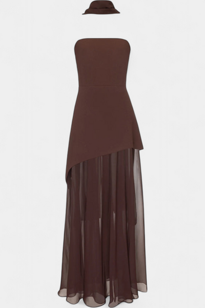 Celaena Vestido Maxi Chiffon Off Shoulder con Abertura Lateral