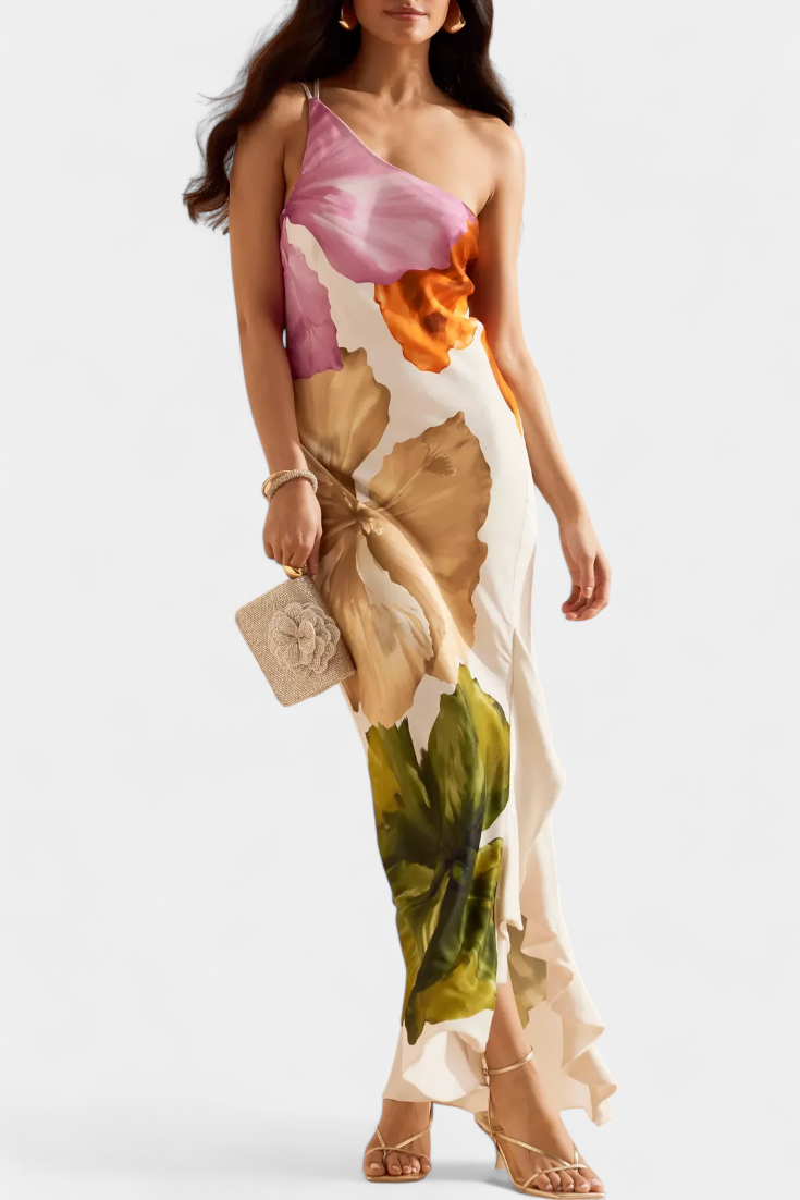 Vestido Elegante Almudena con Diseño Patchwork y Cuello Asimétrico