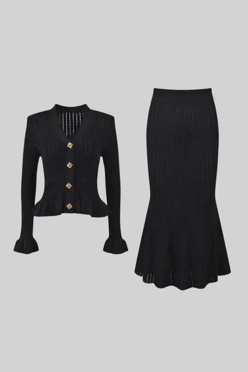 Prudence Conjunto de Vestido Midi de Punto Elegante con Top de Botones