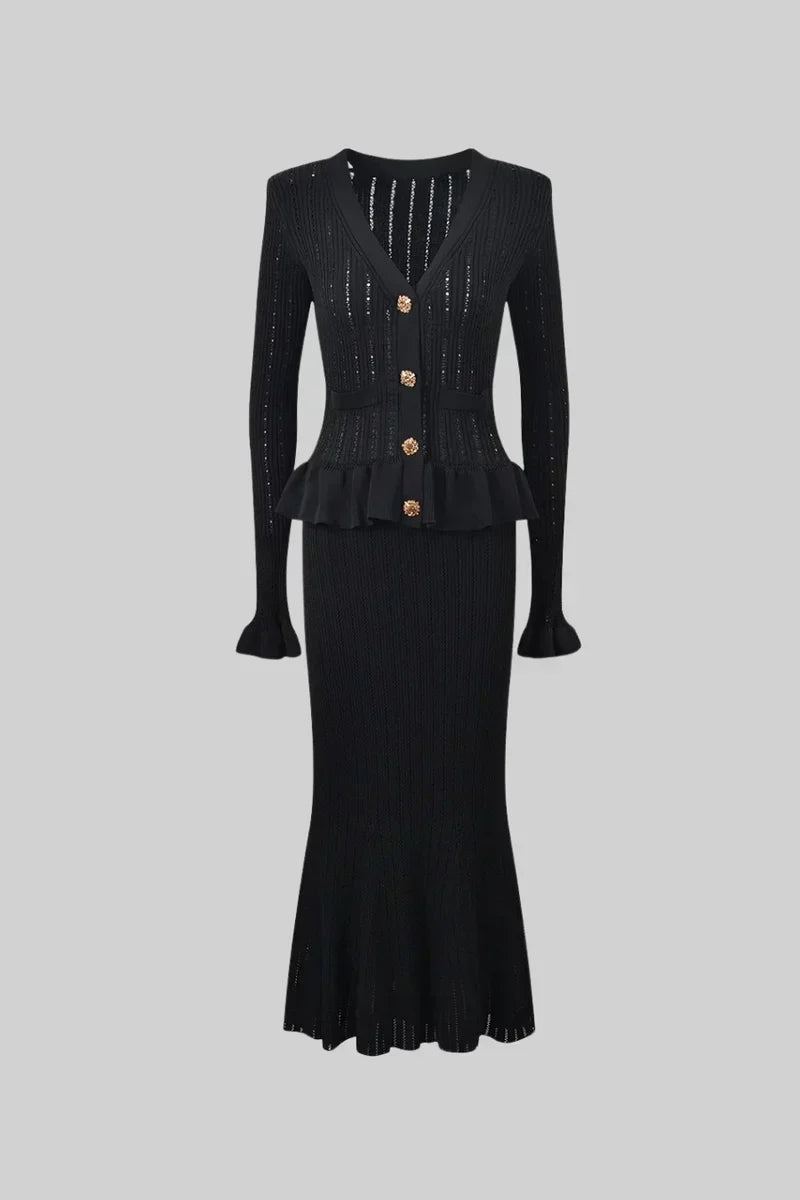 Prudence Conjunto de Vestido Midi de Punto Elegante con Top de Botones