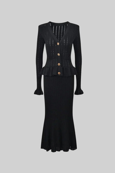 Prudence Conjunto de Vestido Midi de Punto Elegante con Top de Botones