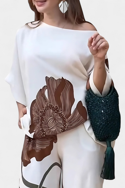 Sybella Conjunto Floral de Dos Piezas con Hombros al Descubierto y Pantalón Recto