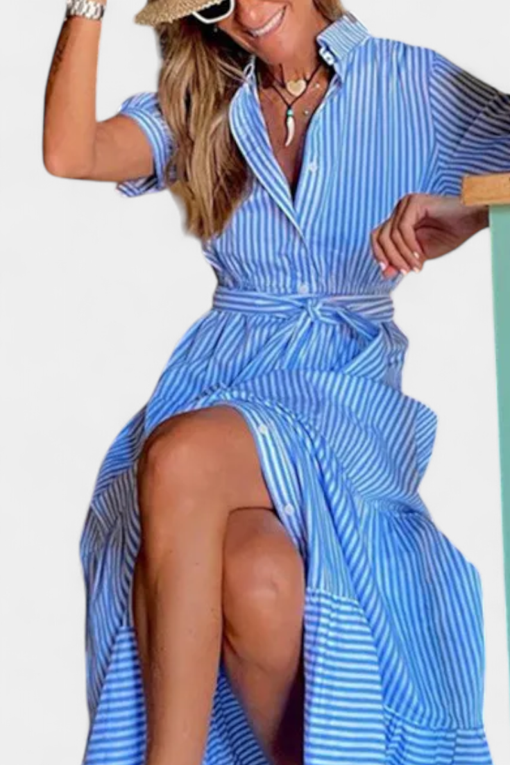 Maya Largo Vestido Camisero a Rayas con Cinturón