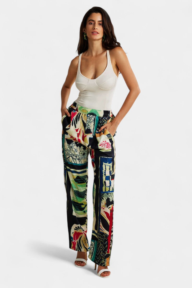 Arce Pantalones de Cintura Alta con Estampado Floral y Corte Recto
