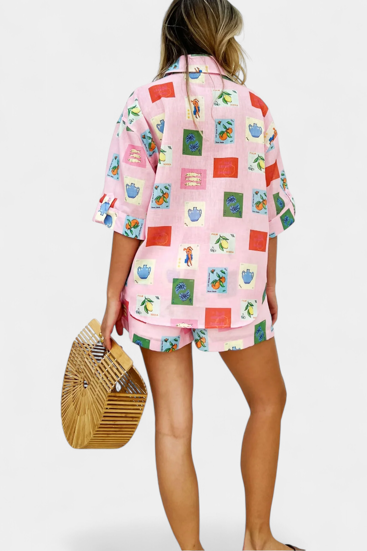 Conjunto Mariluz de Camisa y Shorts con Estampado Rosa
