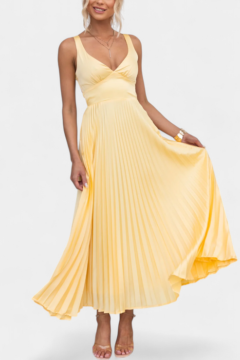 Teresa® | Vestido Plisado con Tirantes Arlena y Espalda Cruzada