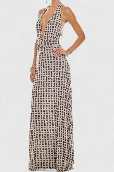 Vestido Maxi de Lunares Melodía con Escote Halter y Cintura Ajustada
