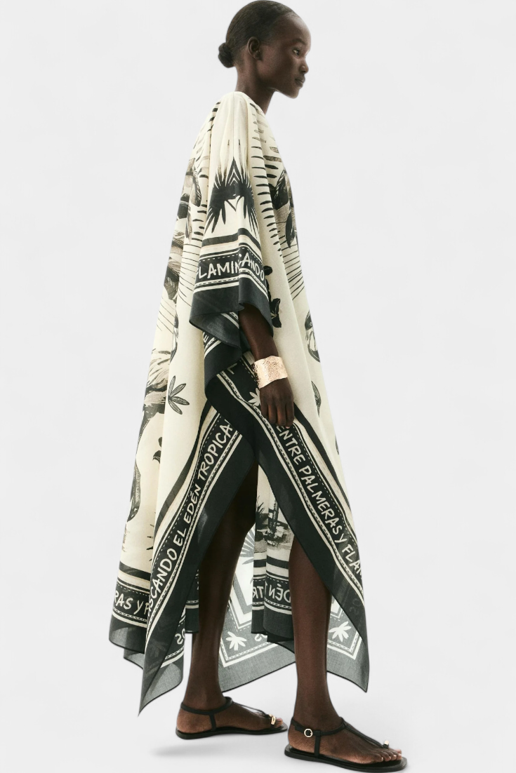 Kaftán Oversized Guadalupe con Estampado de Flamencos y Palmeras