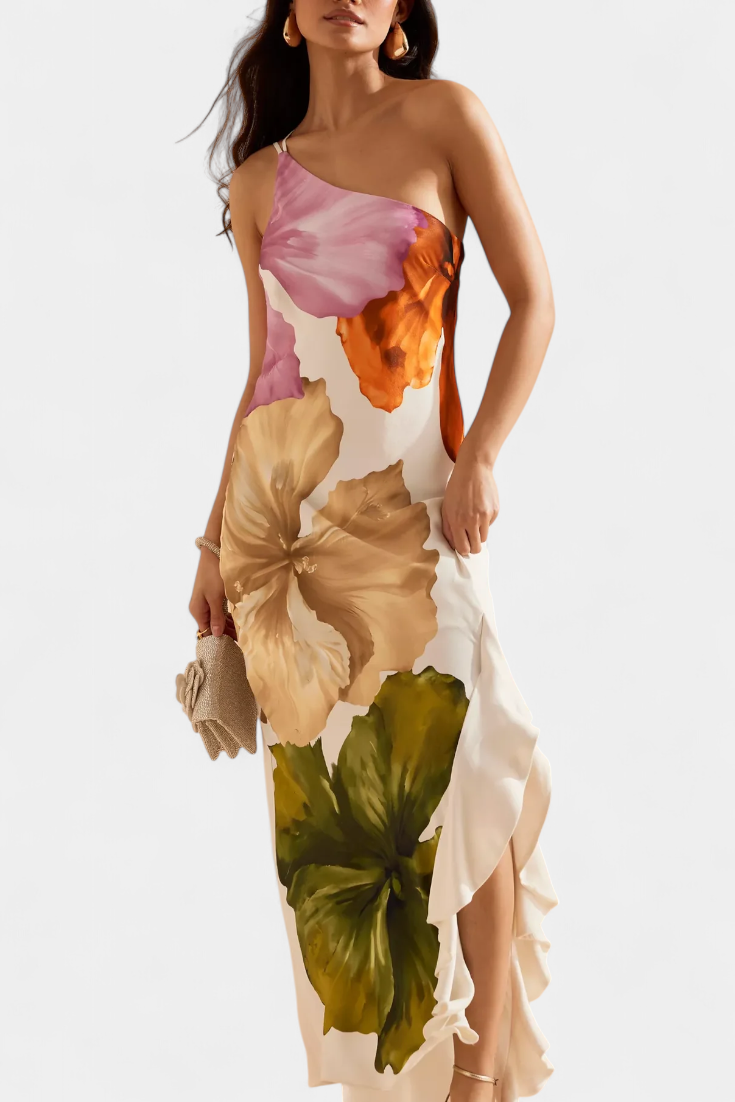 Vestido Elegante Almudena con Diseño Patchwork y Cuello Asimétrico