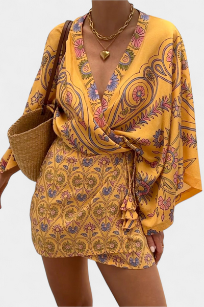 Vestido Boho Candela con Estampado Floral y Escote en V Cruzado