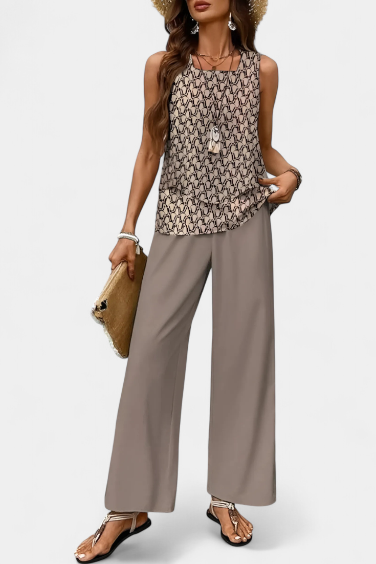 Conjunto Boho Chic Martina: Top Sin Mangas y Pantalón Recto Estampado