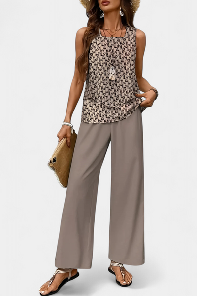 Conjunto Boho Chic Martina: Top Sin Mangas y Pantalón Recto Estampado