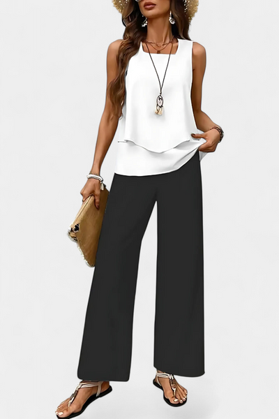 Conjunto Boho Chic Martina: Top Sin Mangas y Pantalón Recto Estampado