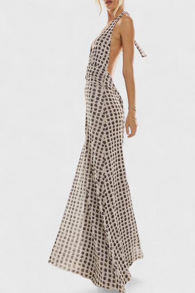 Vestido Maxi de Lunares Melodía con Escote Halter y Cintura Ajustada