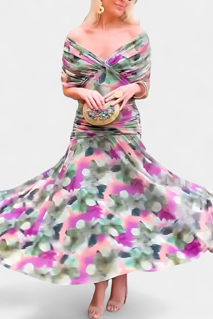 Vestido Largo Alondra con Estampado Floral y Escote en V
