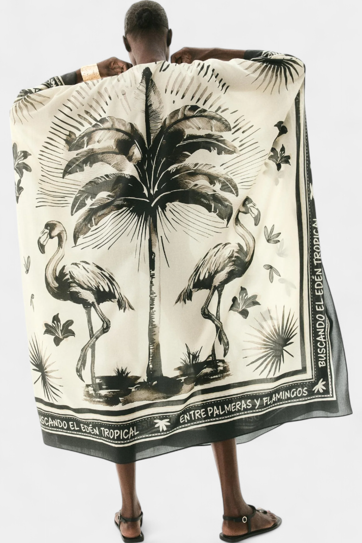 Kaftán Oversized Guadalupe con Estampado de Flamencos y Palmeras