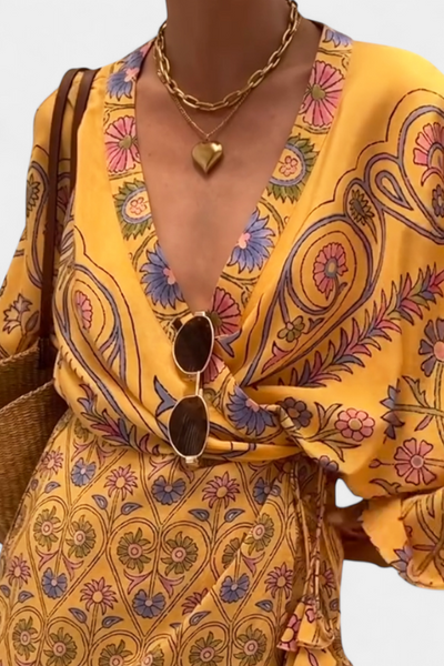 Vestido Boho Candela con Estampado Floral y Escote en V Cruzado