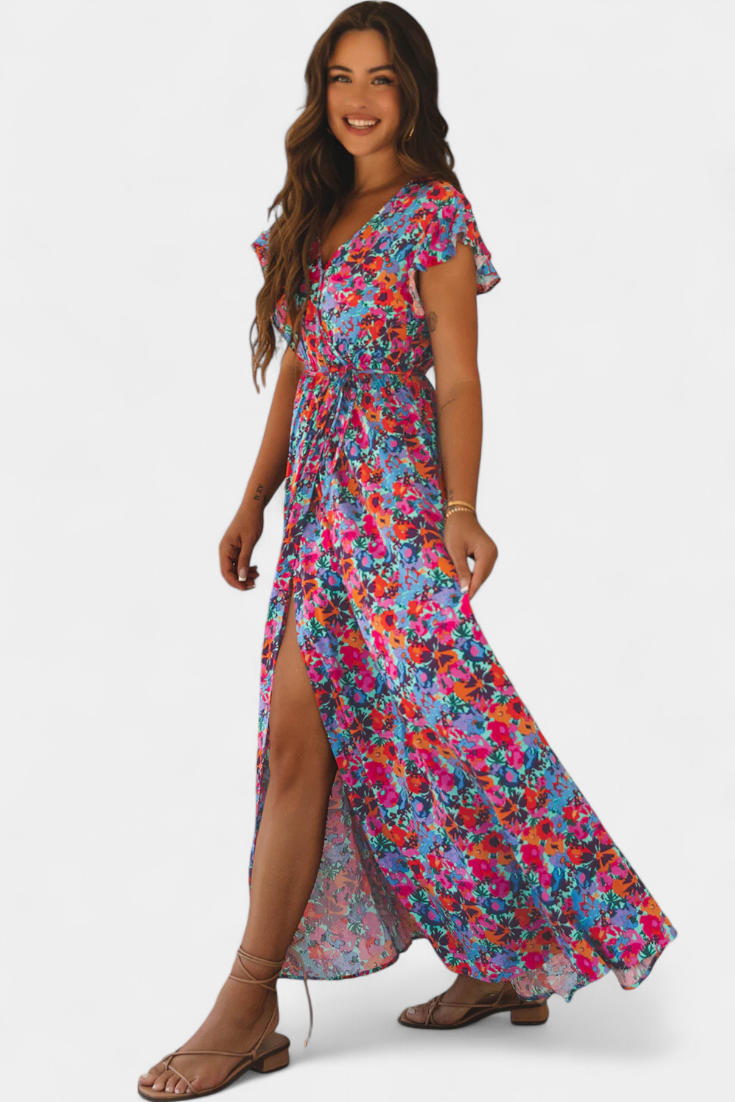 Vestido Largo Cruzado Ximena con Estampado Floral y Abertura Lateral