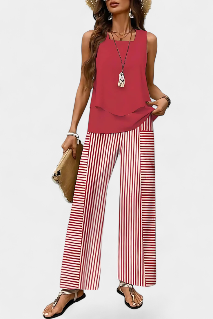 Conjunto Boho Chic Martina: Top Sin Mangas y Pantalón Recto Estampado