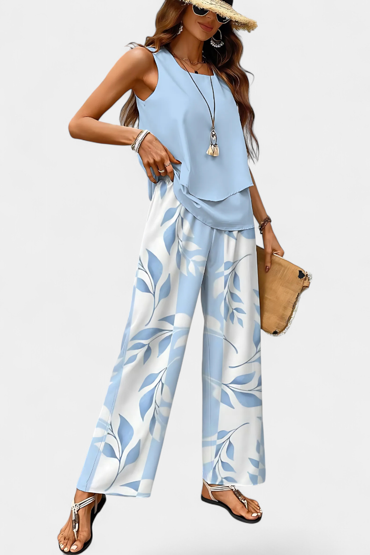 Conjunto Boho Chic Martina: Top Sin Mangas y Pantalón Recto Estampado