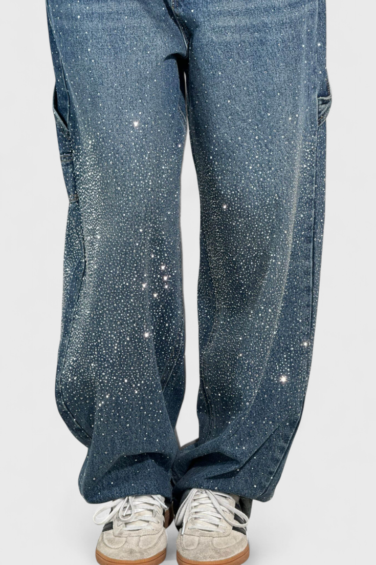 Dariya Brushed Cargo Balloon Jeans with Sparkle and Rhinestone Embellishments