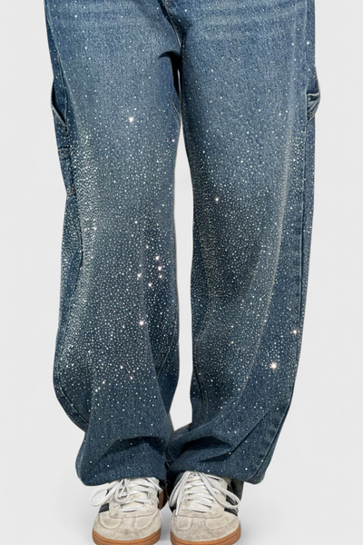 Dariya Brushed Cargo Balloon Jeans with Sparkle and Rhinestone Embellishments