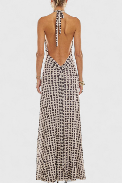 Vestido Maxi de Lunares Melodía con Escote Halter y Cintura Ajustada