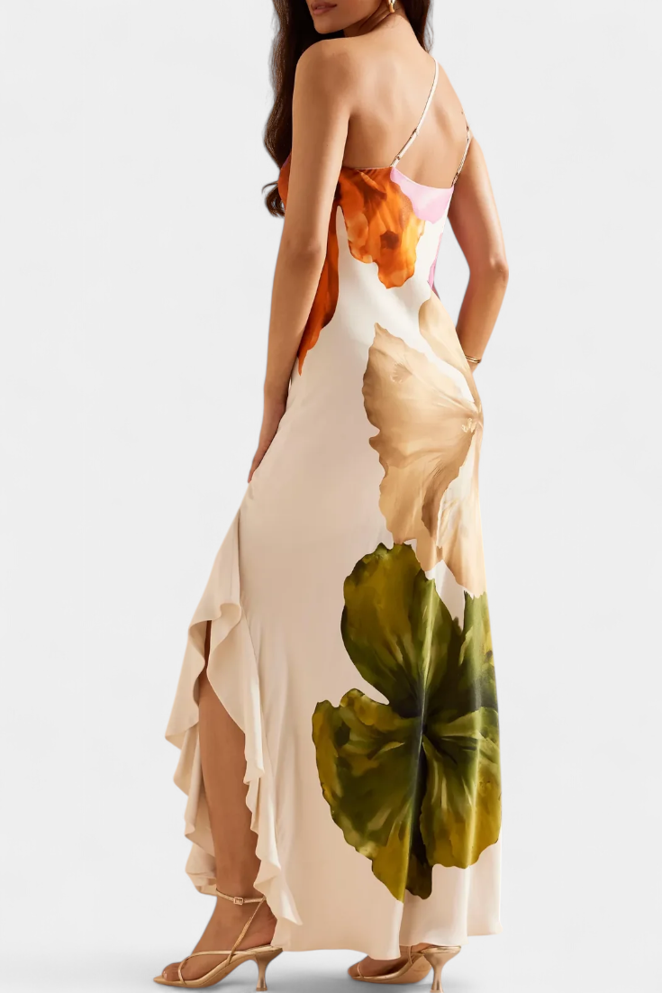 Vestido Elegante Almudena con Diseño Patchwork y Cuello Asimétrico