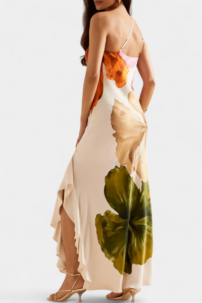Vestido Elegante Almudena con Diseño Patchwork y Cuello Asimétrico