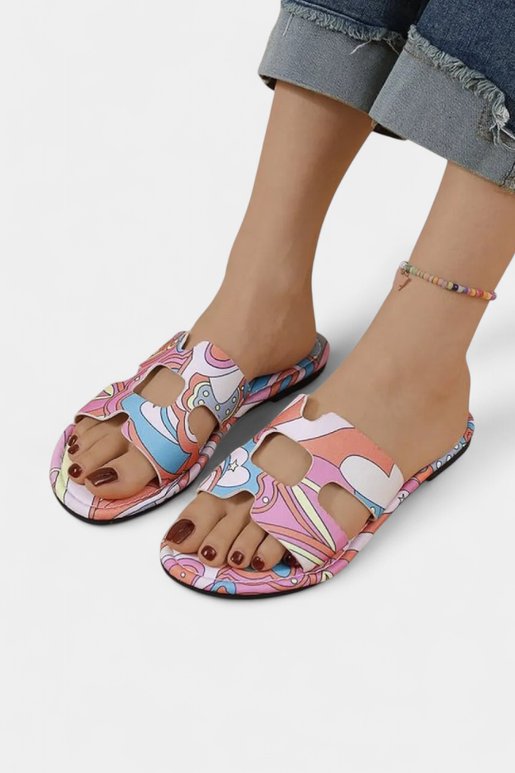 Berenice Sandalias Planas de Colores Vivos con Diseño Tropical