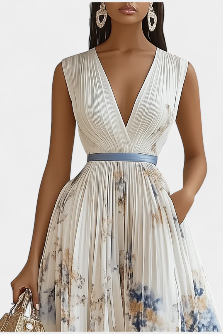 Vestido Midi Sin Mangas Elise con Estampado Floral y Detalles Plisados