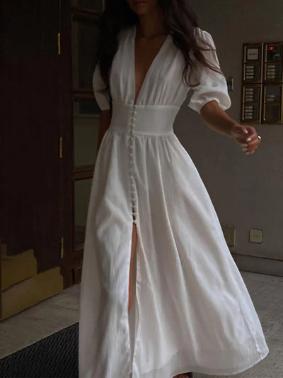 Irina® | Vestido Largo con Botones y Mangas Abullonadas
