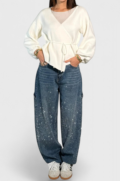 Dariya Brushed Cargo Balloon Jeans with Sparkle and Rhinestone Embellishments