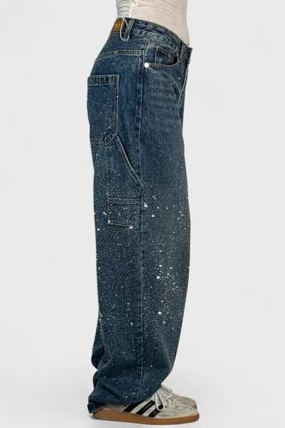 Dariya Brushed Cargo Balloon Jeans with Sparkle and Rhinestone Embellishments