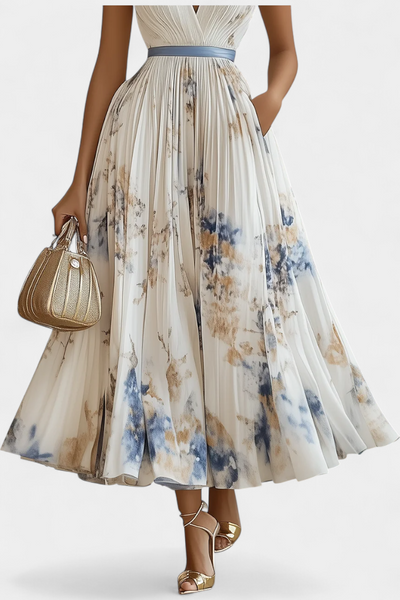 Vestido Midi Sin Mangas Elise con Estampado Floral y Detalles Plisados