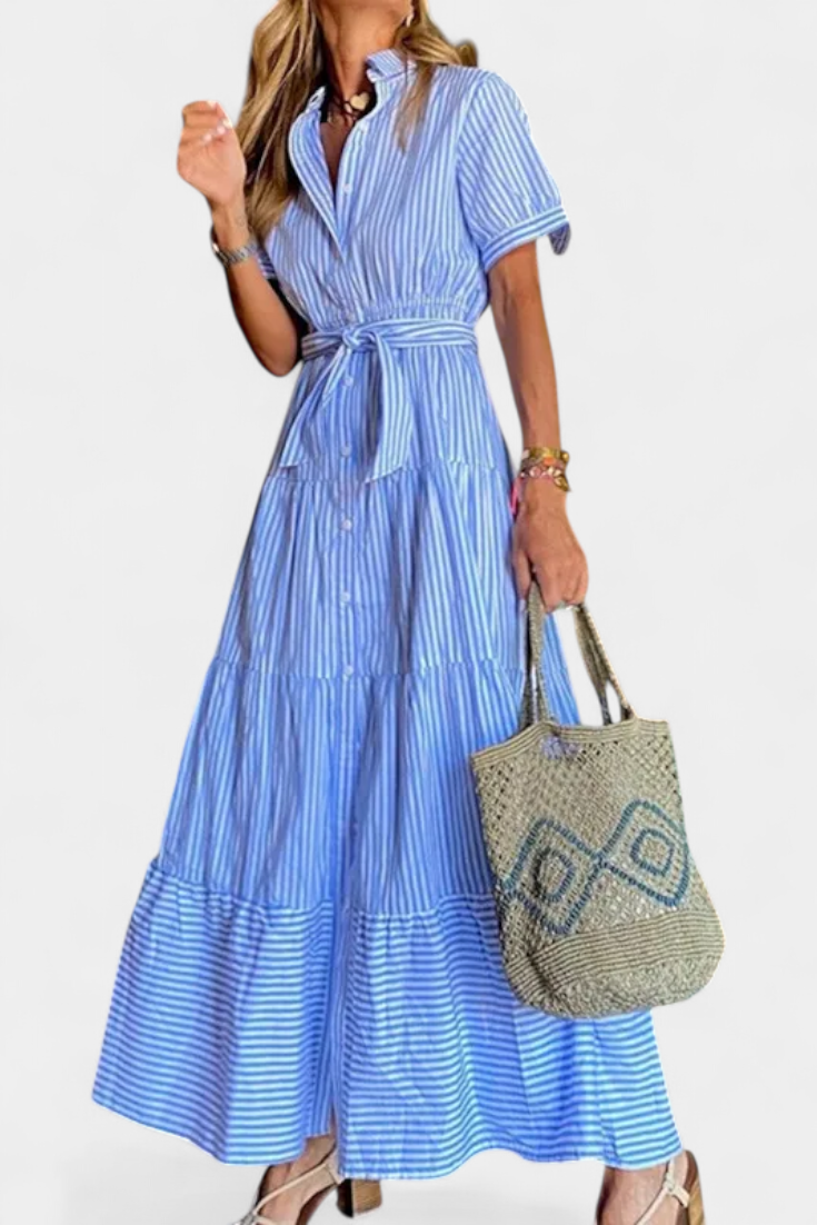 Maya Largo Vestido Camisero a Rayas con Cinturón