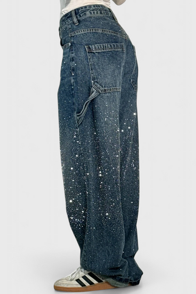 Dariya Brushed Cargo Balloon Jeans with Sparkle and Rhinestone Embellishments