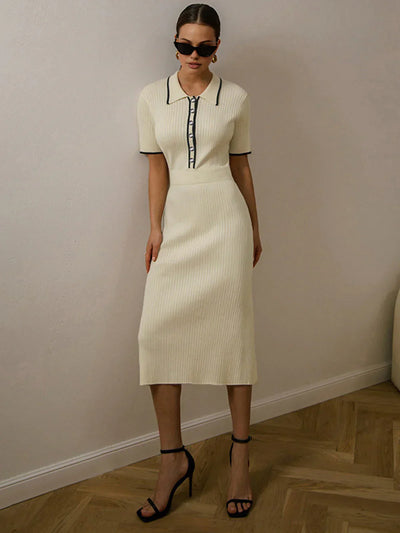 Fleur® | Vestido midi de punto acanalado con mangas cortas y detalle de contraste