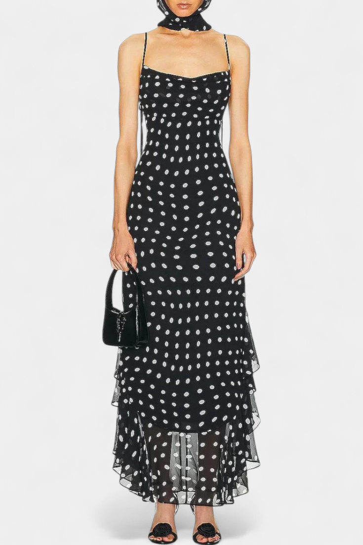 Vestido de Gasa Estefanía con Volantes y Motivo de Lunares en Negro y Crema