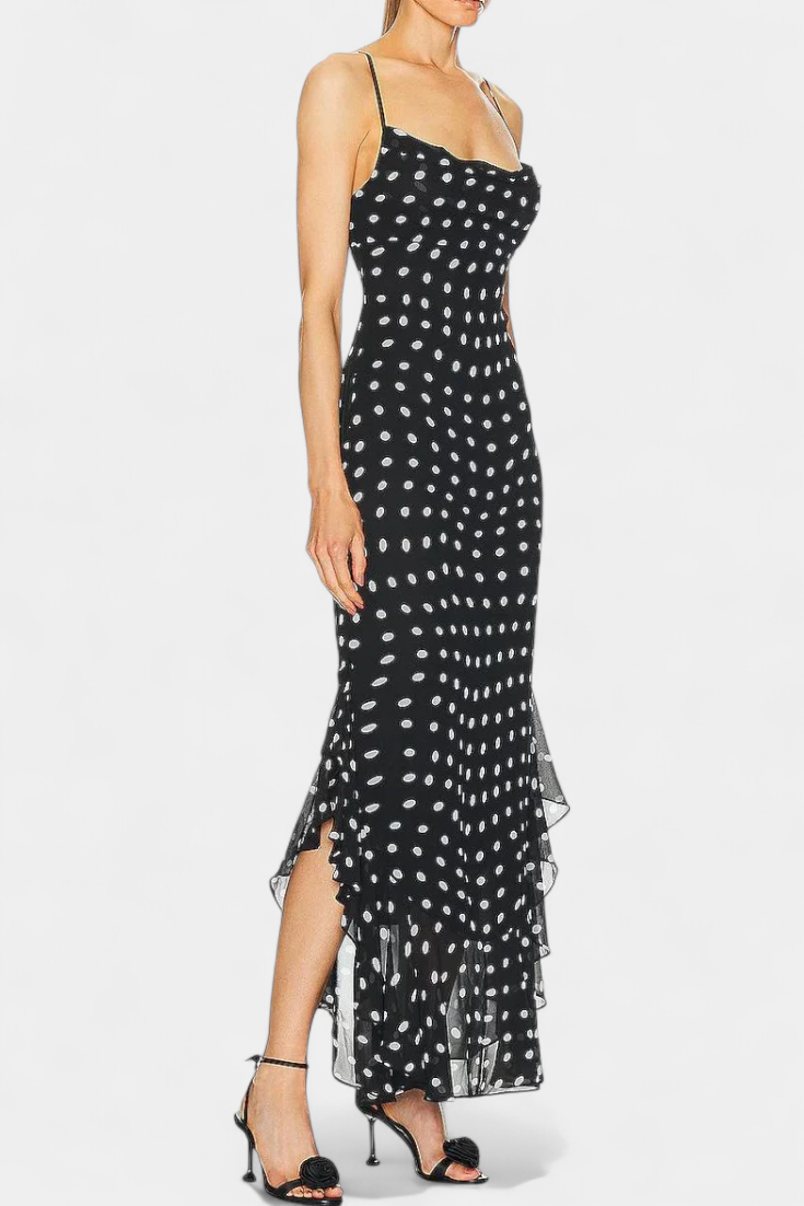 Vestido de Gasa Estefanía con Volantes y Motivo de Lunares en Negro y Crema