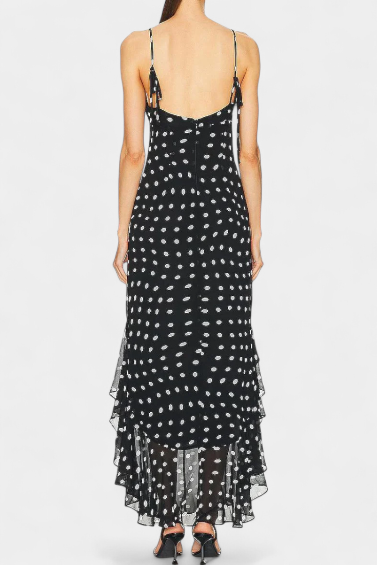 Vestido de Gasa Estefanía con Volantes y Motivo de Lunares en Negro y Crema