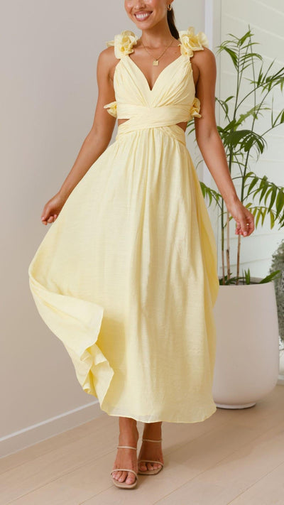 Sofia | Vestido Maxi Amarillo con Volantes y Tirantes en V