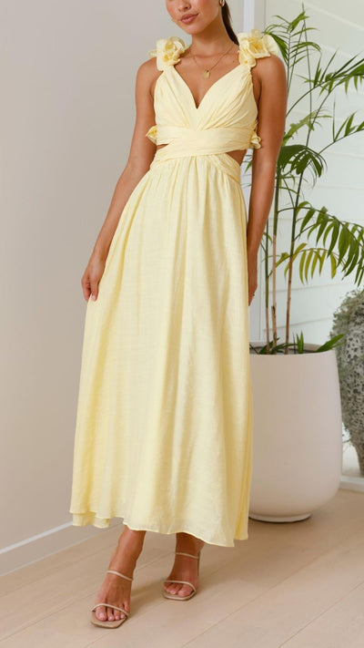 Sofia | Vestido Maxi Amarillo con Volantes y Tirantes en V