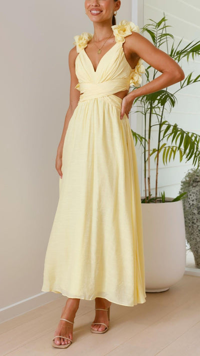 Sofia | Vestido Maxi Amarillo con Volantes y Tirantes en V