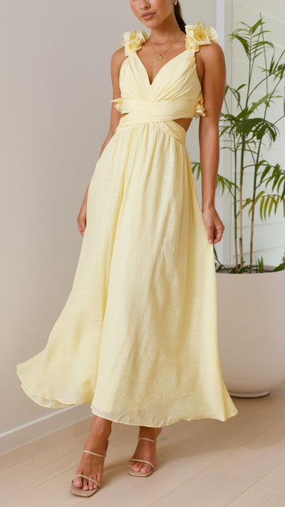 Sofia | Vestido Maxi Amarillo con Volantes y Tirantes en V